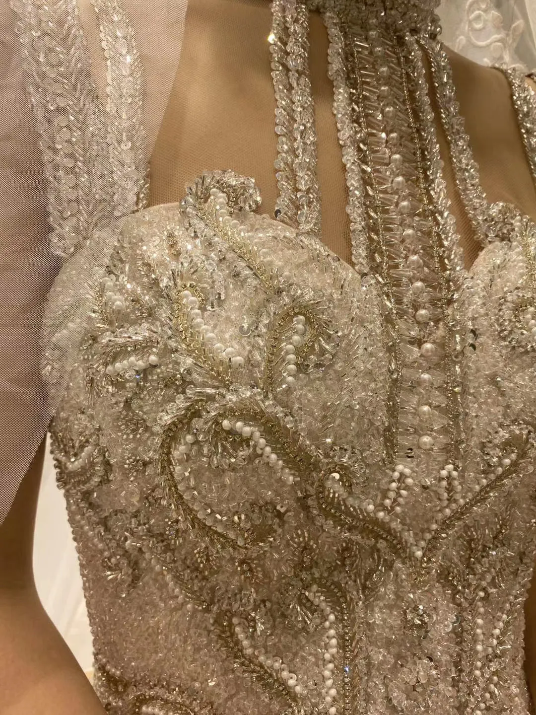 Champagne ivory lace appliqués crystals pearls beaded couture wedding dress 2020