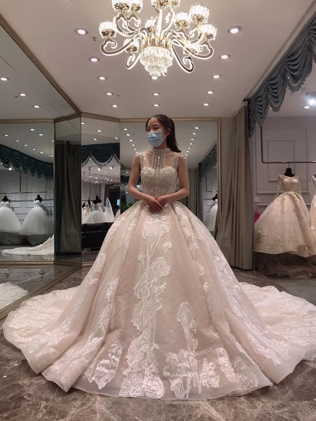 Champagne ivory lace appliqués crystals pearls beaded couture wedding dress 2020