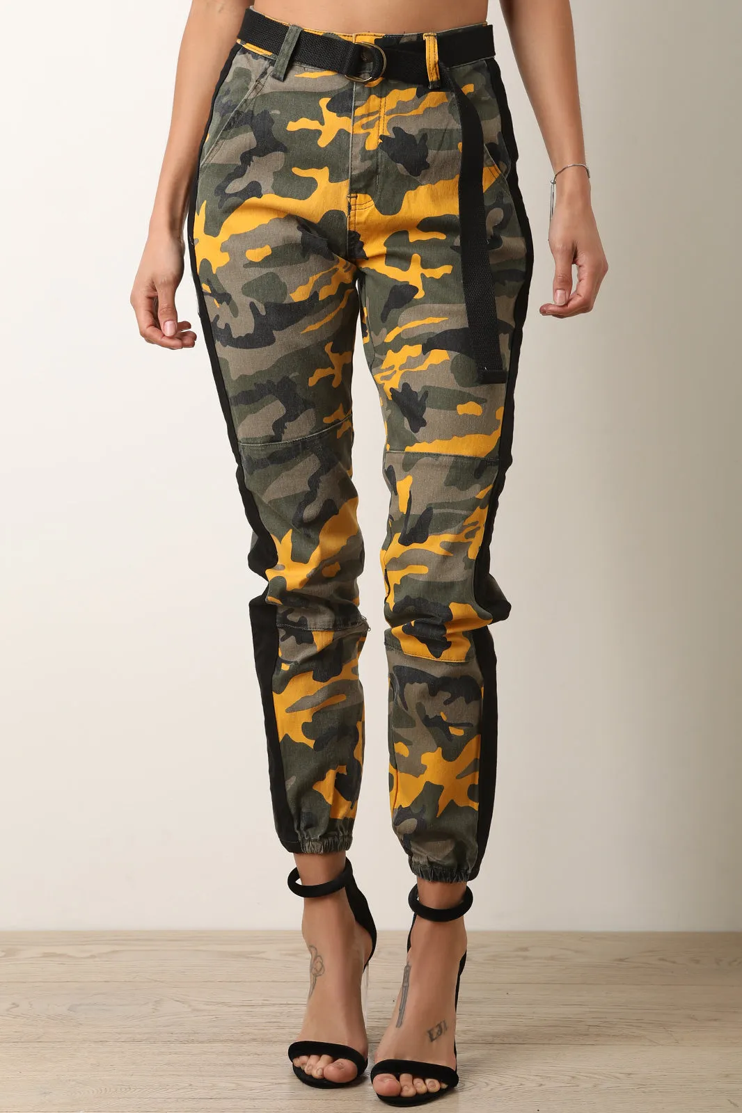 High Waisted Camouflage Side Stripe Belted Cargo Pants
