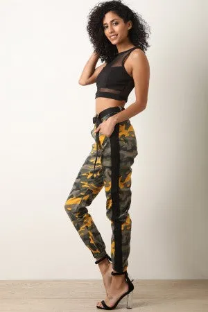 High Waisted Camouflage Side Stripe Belted Cargo Pants