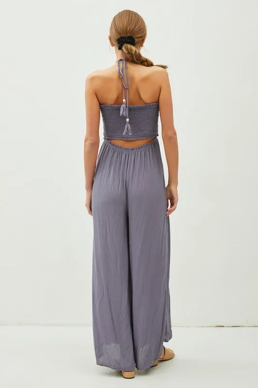 Indigo Cutout Smocked Halter Wide Leg Jumpsuit