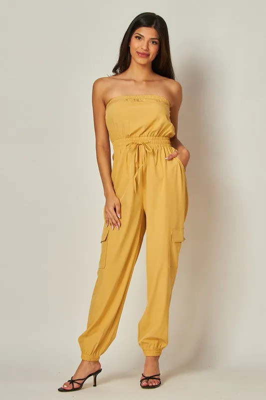 Khaki Long Cargo Drawstring Jogger Jumpsuit