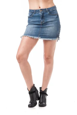 Lace Up Side Detail Fray Hem Mini Denim Skirt