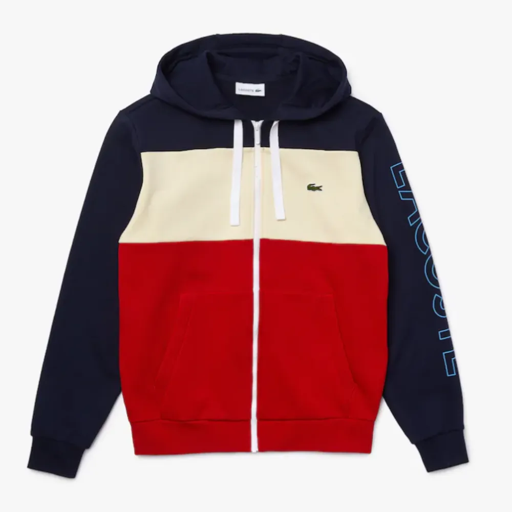 LaCoste-Hooded Colourblock Fleece Zip SweatSet-Red/Beige/Navy Blue