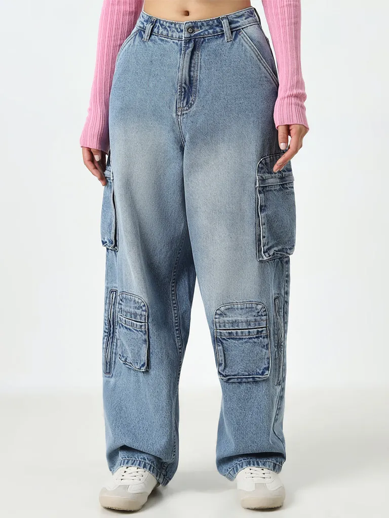 Nuon Blue Washed Relaxed - Fit High - Rise Cargo Jeans