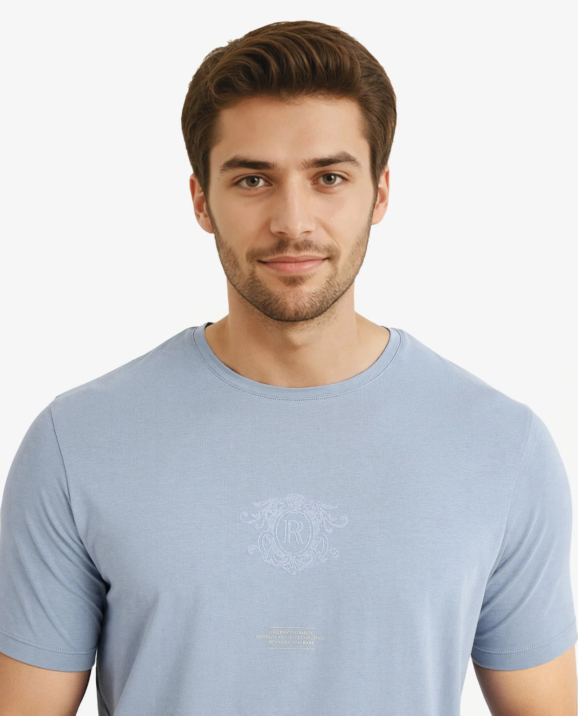Rare Rabbit Men Ker Blue Cotton Lycra Fabric Short Sleeve Crew Neck Regular Fit Graphic Flock Print T-Shirt