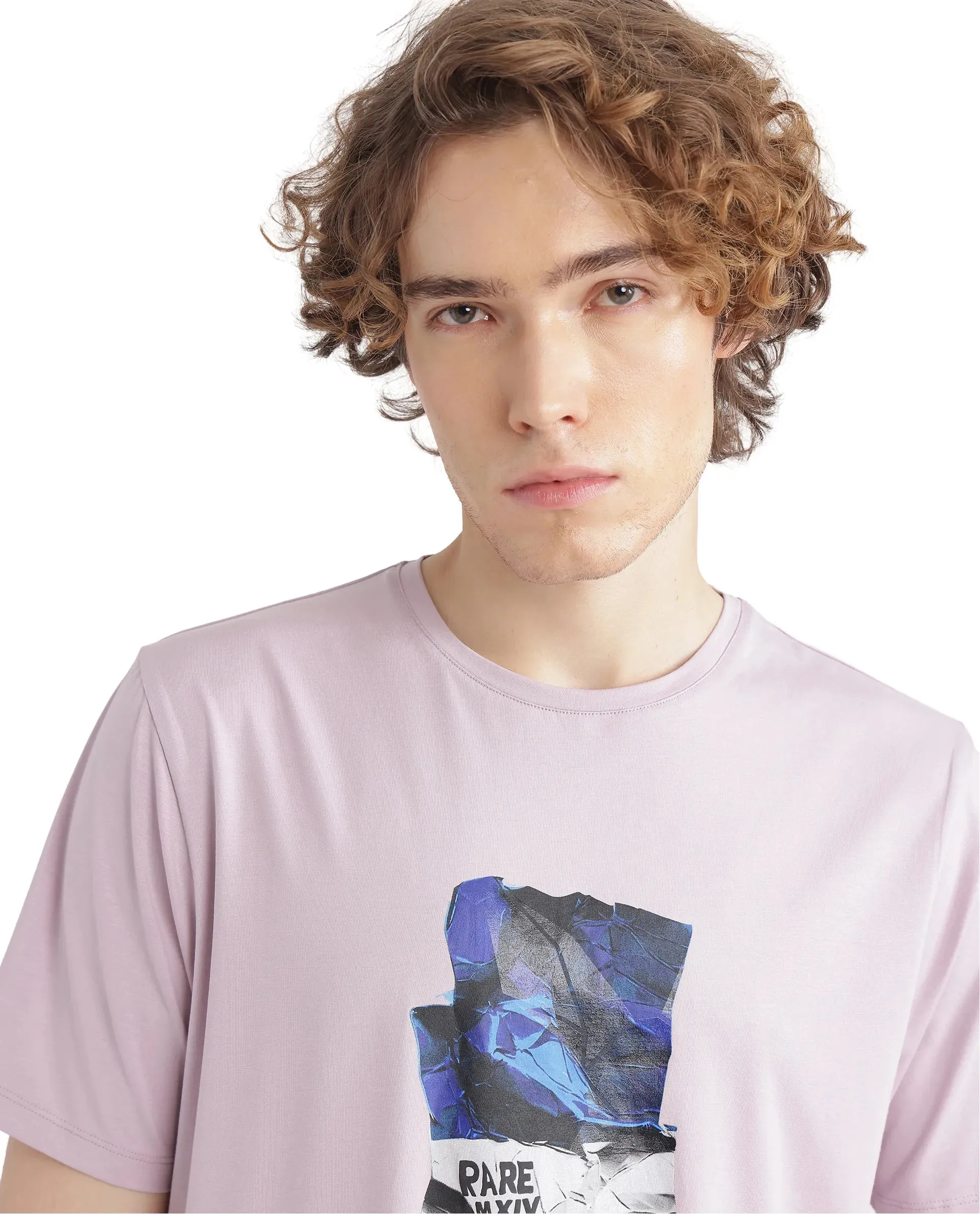 Rare Rabbit Men Zarf Dusky Pink Cotton Blend Fabric Short Sleeve Crew Neck Graphic Print T-Shirt