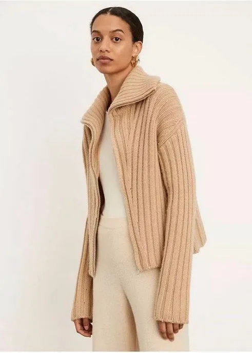 Rib Transfer Zip Up Cardigan (Chamois)