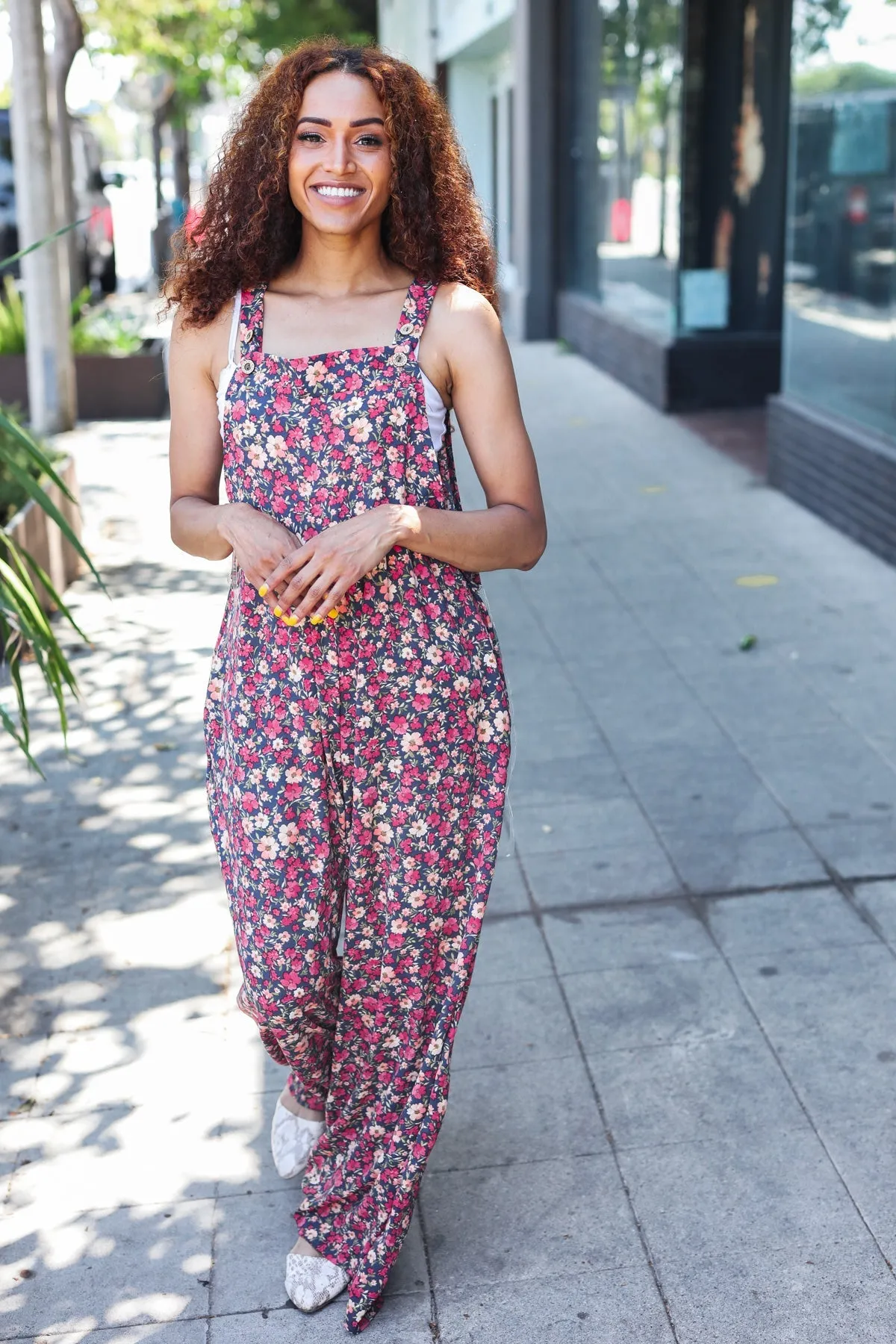 Stand Out Navy Floral Print Overall Jumpsuit (Open Pack)